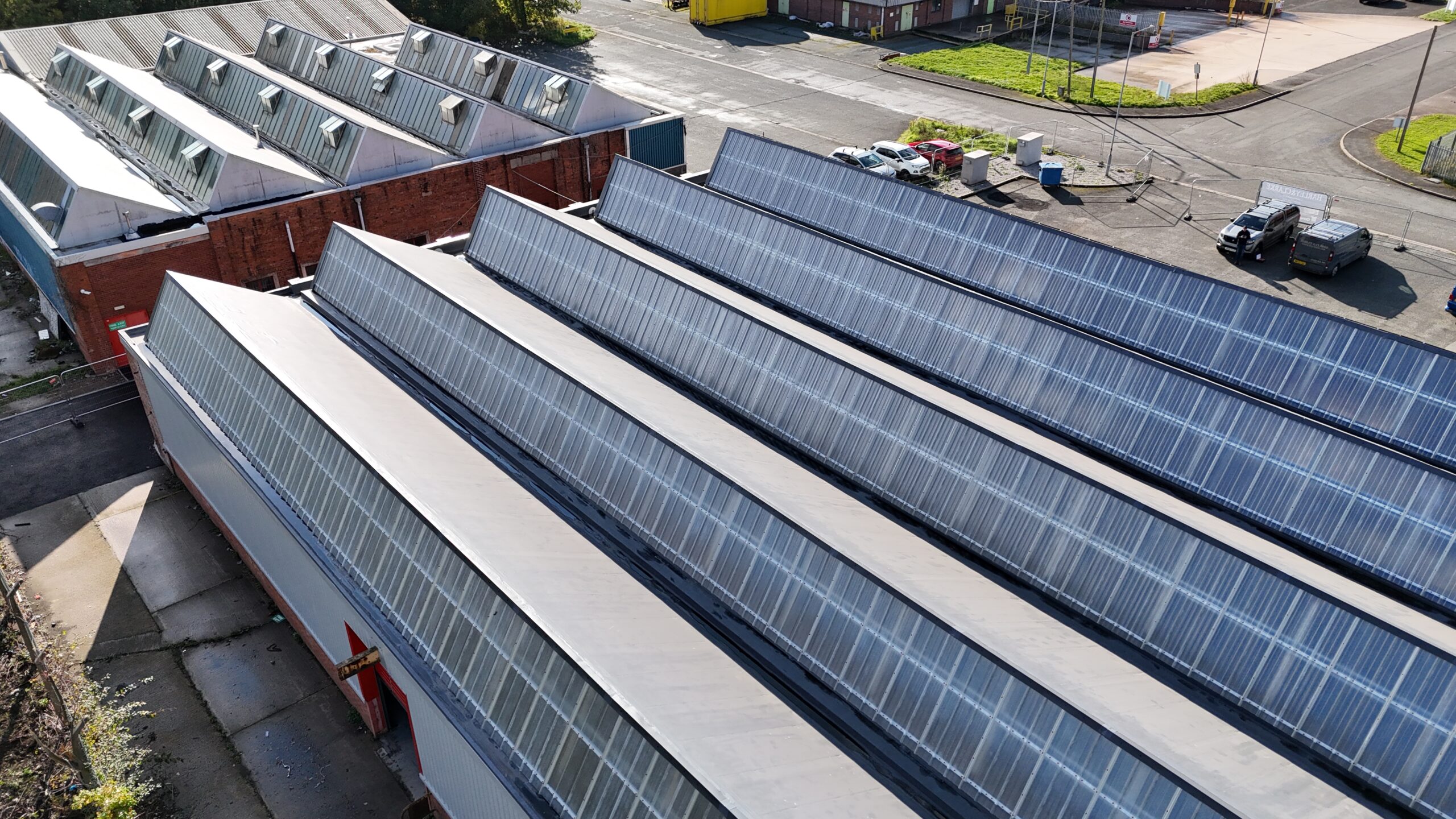 Aerial view of metal roofs on industrial buildings